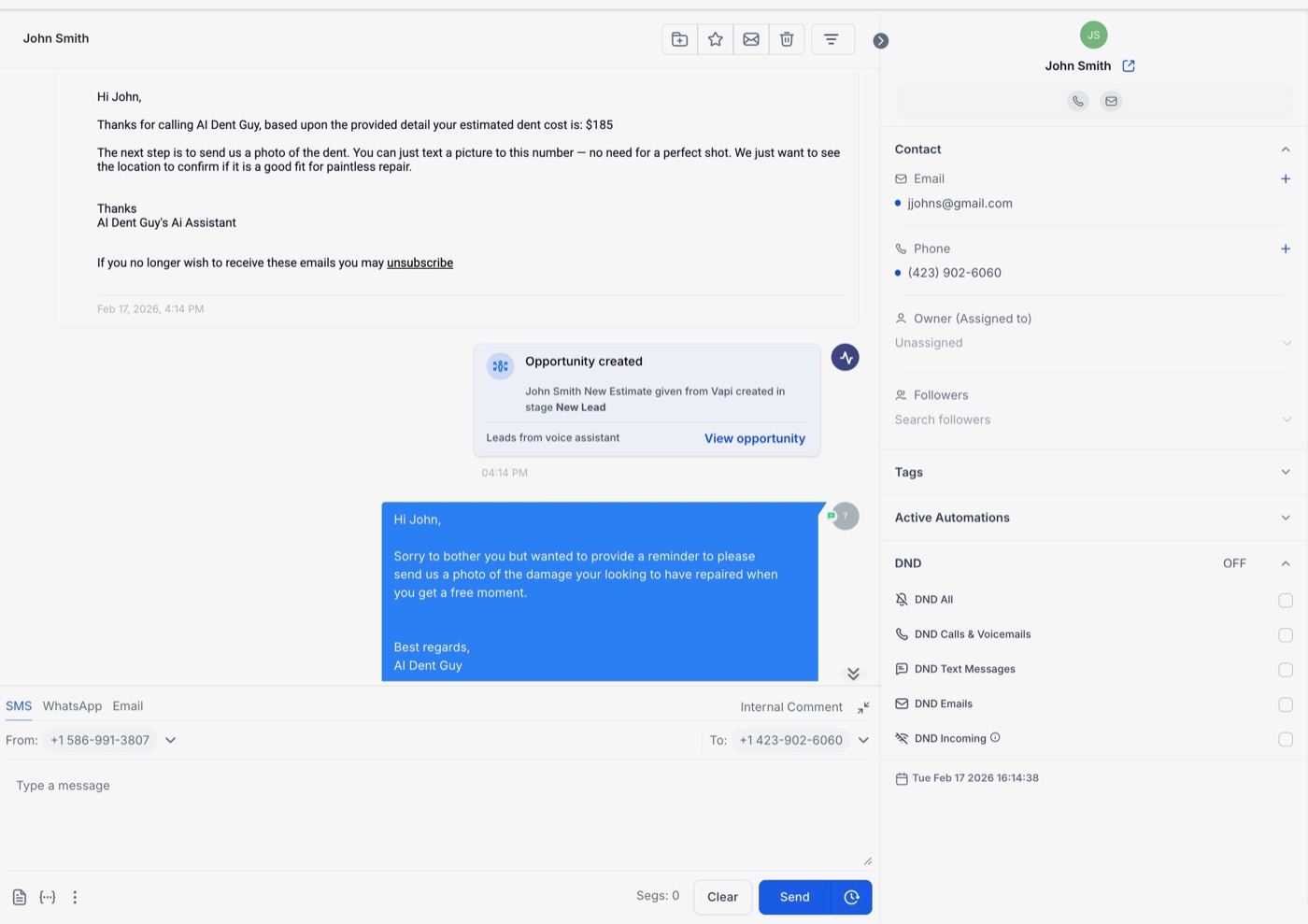 Example customer conversation dashboard used in a PDR lead workflow