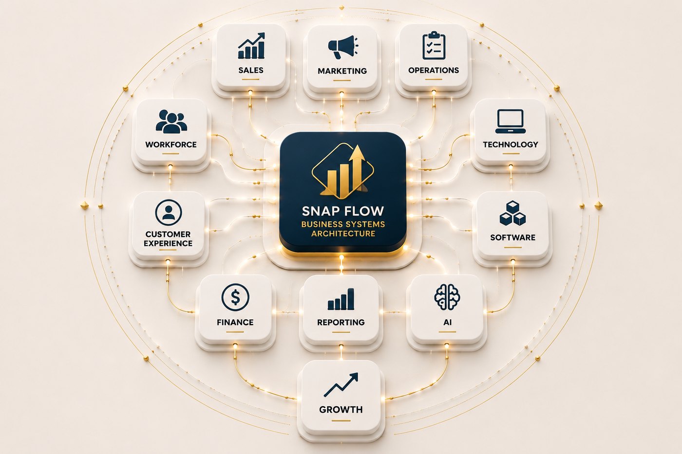 The Snap Flow Solutions mark at the center of eleven connected business systems: sales, marketing, operations, workforce, technology, customer experience, software, finance, reporting, AI and growth