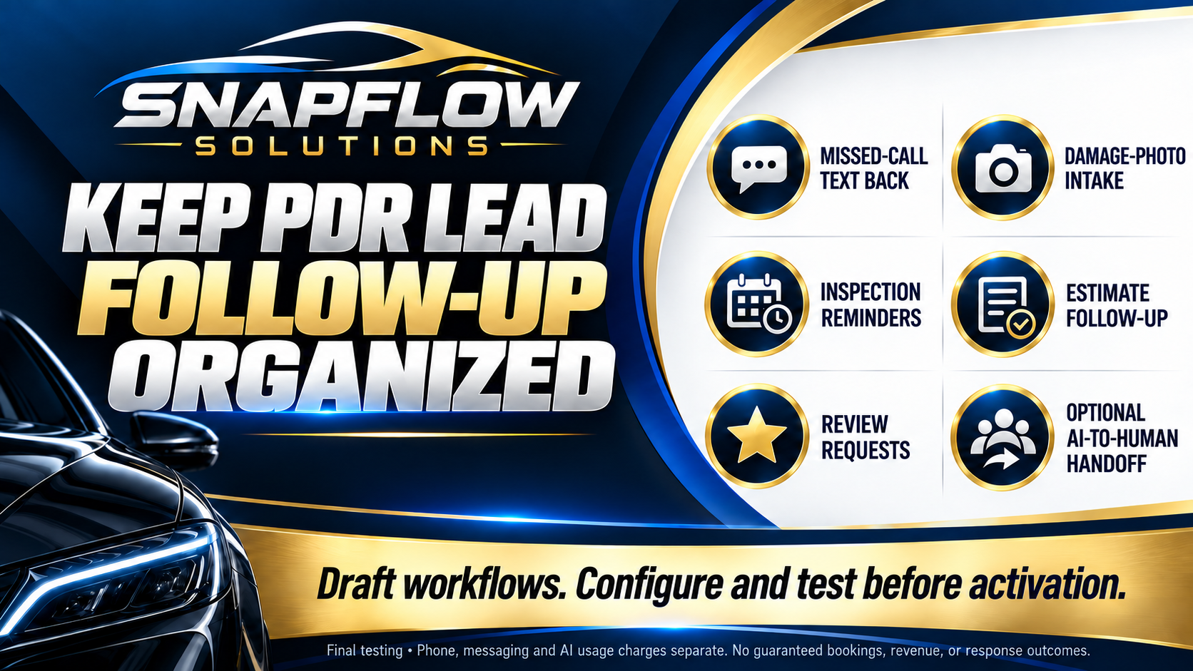 PDR follow-up framework: missed-call text back, damage-photo intake, inspection reminders, estimate follow-up, reviews and optional AI handoff
